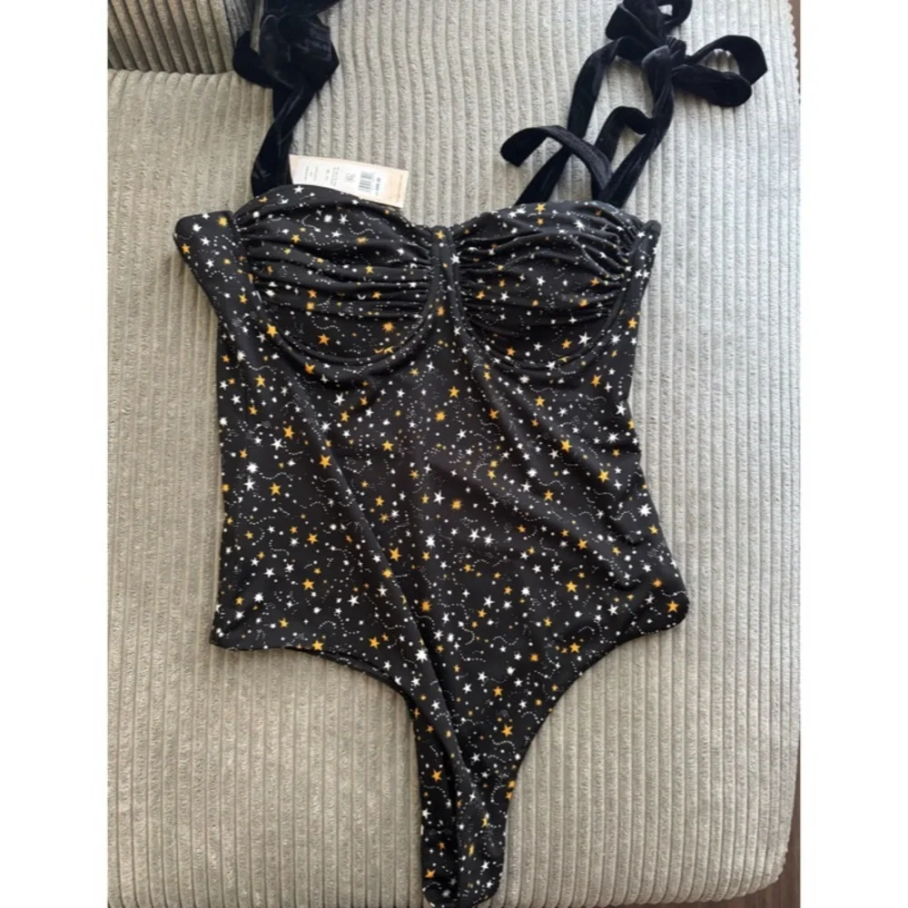New bodysuit corset top velvet ribbon straps yellow black white stars medium